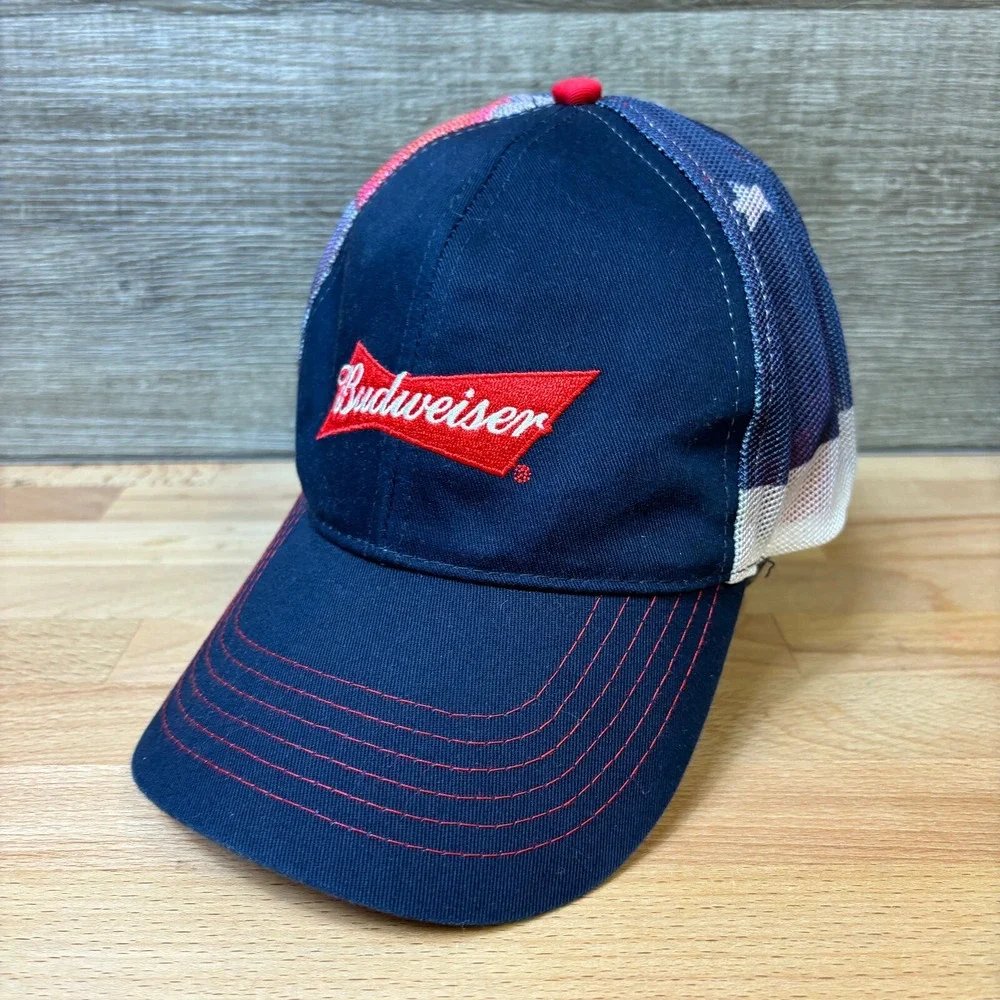 Budweiser Hat‎ Cap Strap Back Blue Beer Bud Drinking USA Flag Black K Products